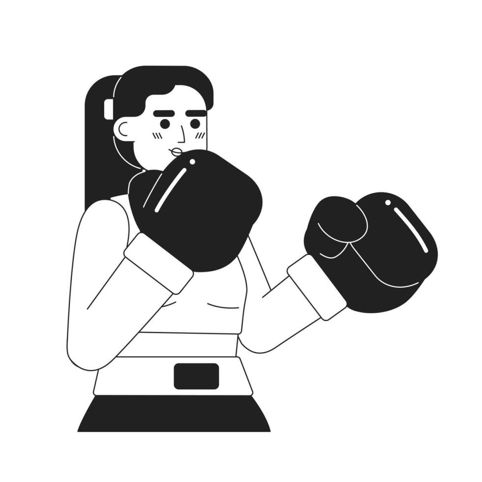 boxning kvinna Träning enfärgad platt vektor karaktär. kickboxning kondition. kvinna kämpe. redigerbar tunn linje halv kropp person på vit. enkel bw tecknad serie fläck bild för webb grafisk design