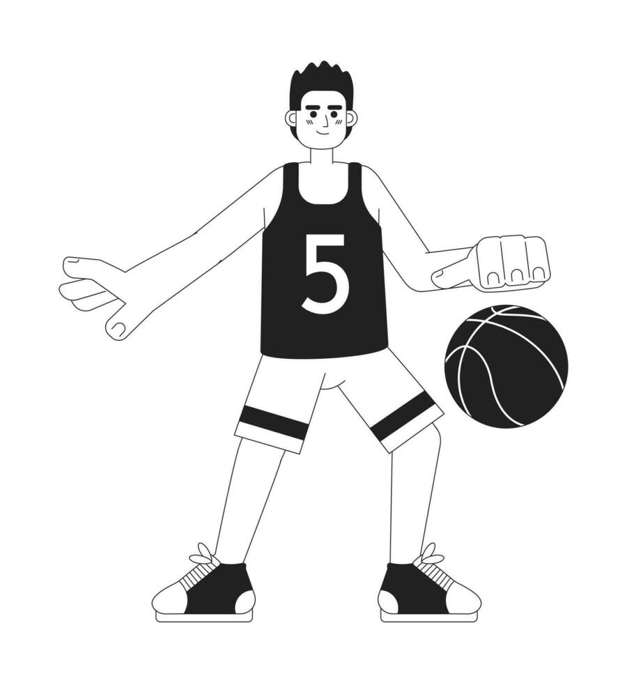 basketboll spelare enfärgad platt vektor karaktär. afrikansk amerikan sportsman dribblingar med boll. redigerbar tunn linje full kropp person på vit. enkel bw tecknad serie fläck bild för webb grafisk design