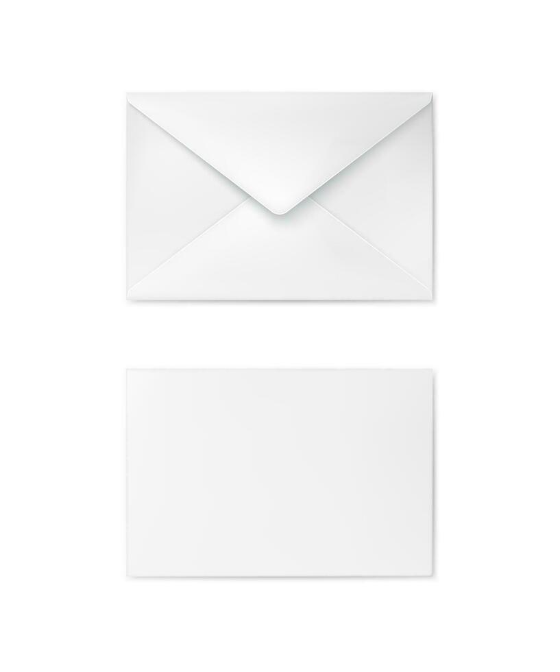 realistisk vit kuvert. företag post. företags- identitet kuvert falsk upp tillbaka och främre se. vektor illustration