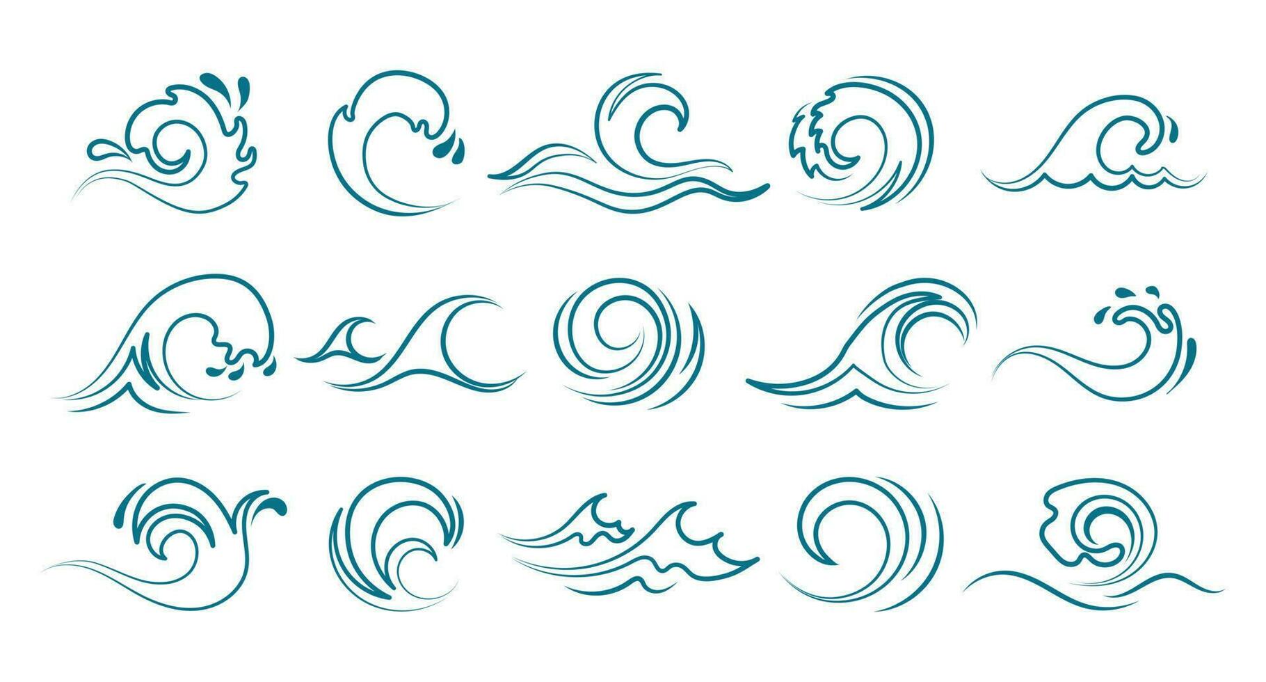Blau Ozean Meer Wellen Satz. Linie Symbole, Logos, Vektor