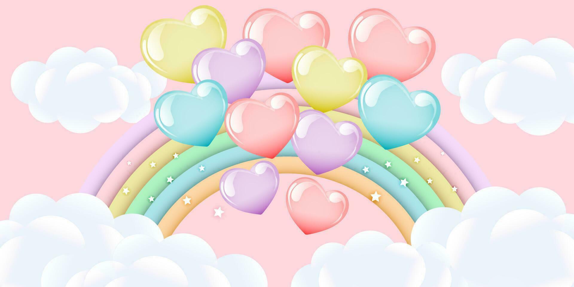 3d Baby Dusche, Regenbogen mit Wolken und Luftballons auf das sternenklar Himmel, Kinder- Design im Pastell- Farben. Hintergrund, Illustration, Vektor. vektor