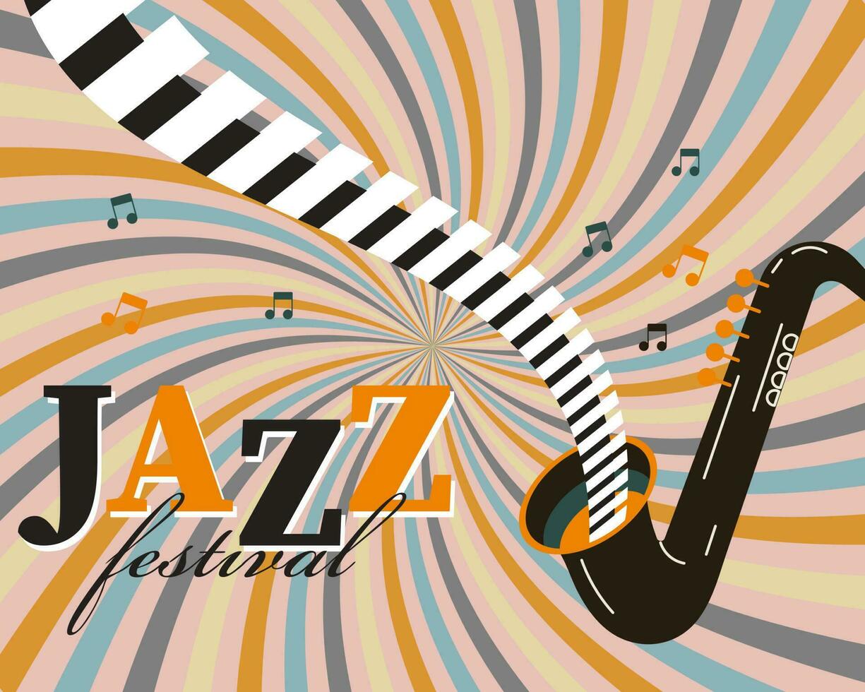 Poster zum International Jazz Tag, Jazz Festival. Saxophon mit Klavier Schlüssel und Anmerkungen. retro Poster, Banner, Vektor