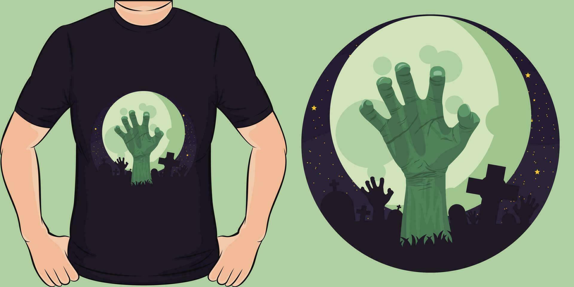 Zombie Hand, Schädel und Zombie T-Shirt Design. vektor