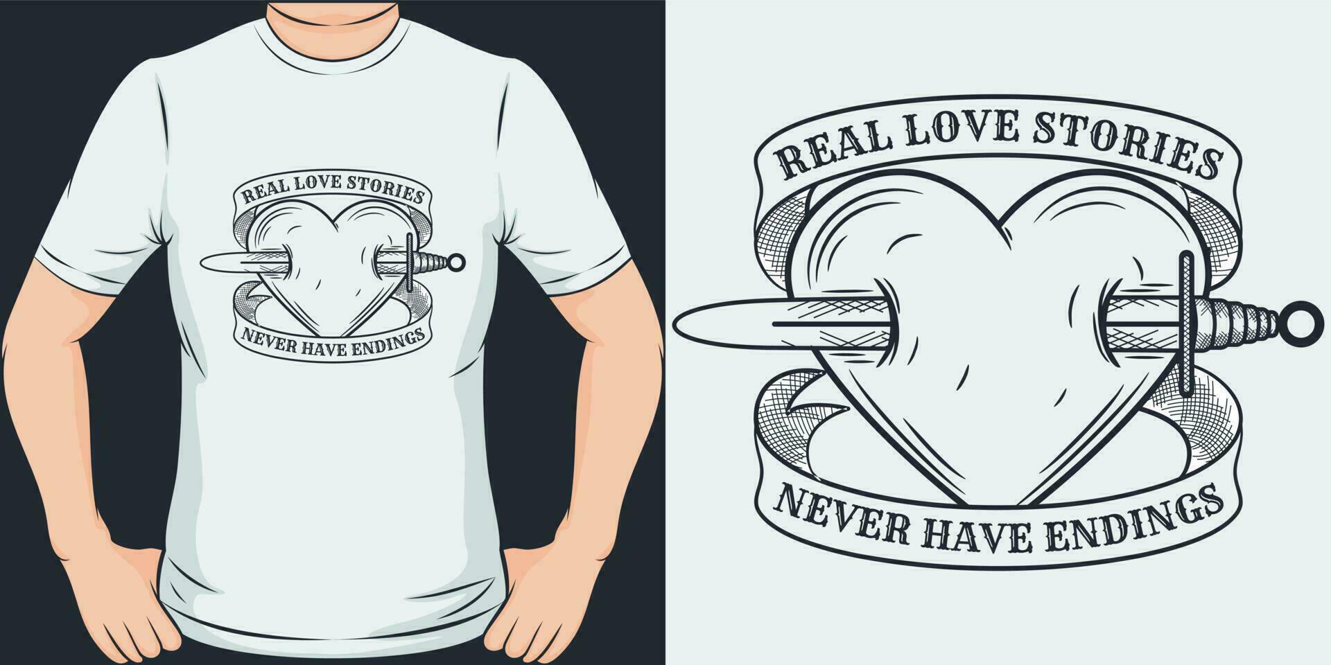 echt Liebe Geschichten noch nie haben Enden, Liebe Zitat T-Shirt Design. vektor