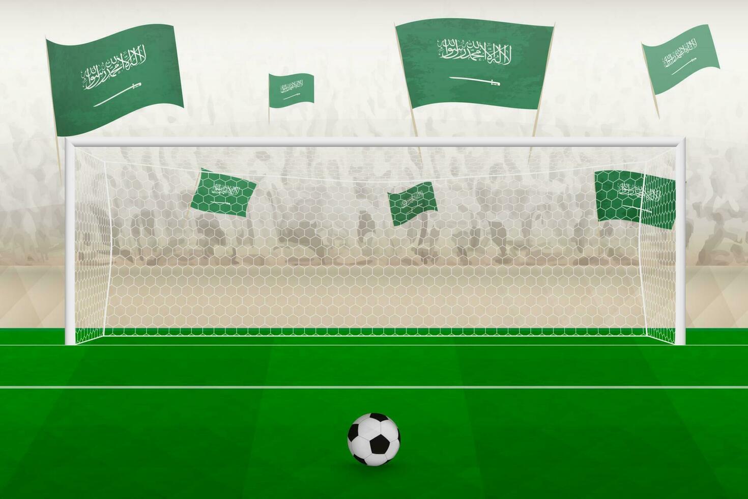Saudi Arabien Fußball Mannschaft Fans mit Flaggen von Saudi Arabien Jubel auf Stadion, Strafe trete Konzept im ein Fußball passen. vektor