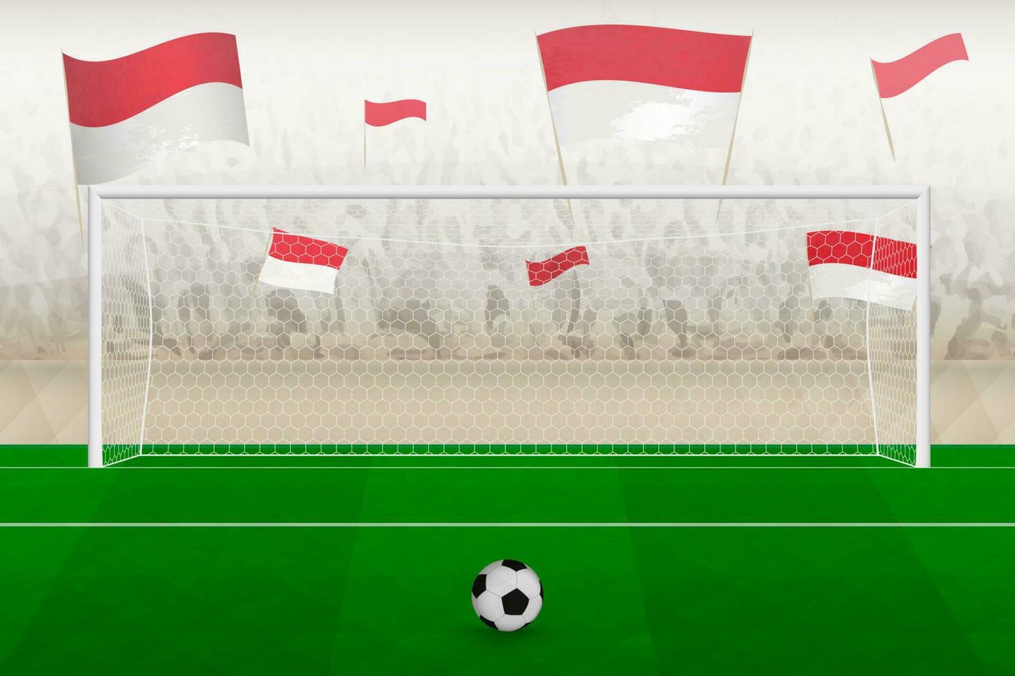 Indonesien Fußball Mannschaft Fans mit Flaggen von Indonesien Jubel auf Stadion, Strafe trete Konzept im ein Fußball passen. vektor