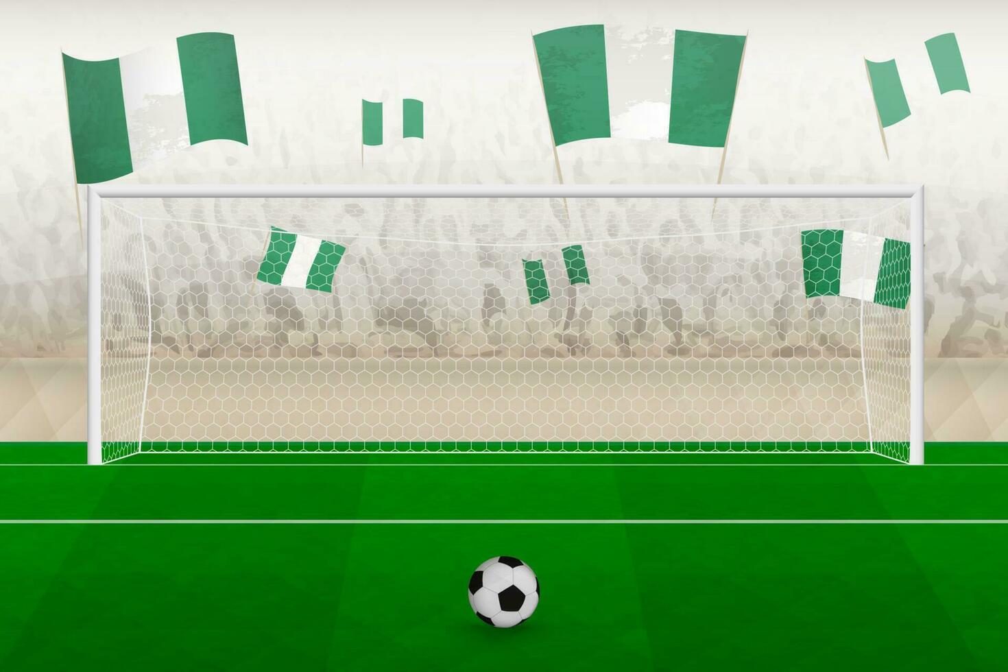 Nigeria Fußball Mannschaft Fans mit Flaggen von Nigeria Jubel auf Stadion, Strafe trete Konzept im ein Fußball passen. vektor