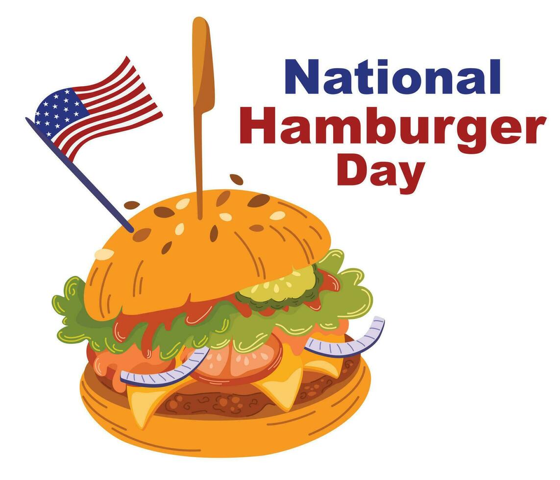 National Hamburger Tag Illustration. Karikatur Burger. frisch Fleisch Burger mit Gemüse. Burger Tag Poster, kann 28. großartig zum Gruß Karte, Poster und Banner. Vektor isoliert auf Weiß Hintergrund.