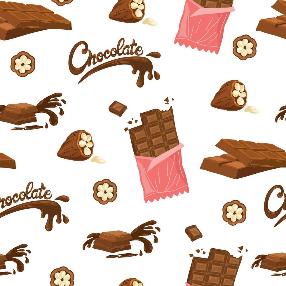 choklad sömlös mönster. värld choklad dag. choklad bar, kakao bönor och bit. bakgrund för förpackning, affisch, vykort, märka. vektor illustration