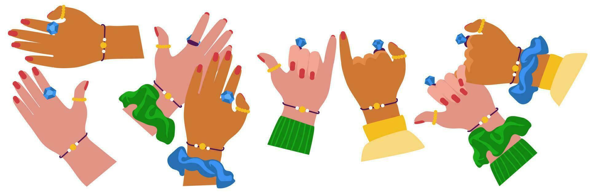 en uppsättning av vänner' händer med de samma Smycken som en symbol av evig vänskap. händer av Stöd, löften, hand spel, kärlek, hälsningar. samling av klistermärken för flick vektor