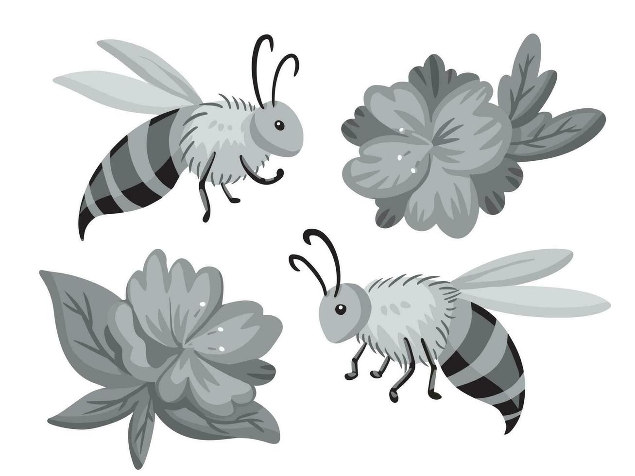 Biene und Blumen Graustufen Vektor Illustration isoliert auf Weiß horizontal Hintergrund. einfarbig Schatten von grau einfach und eben gestylt Zeichnung.