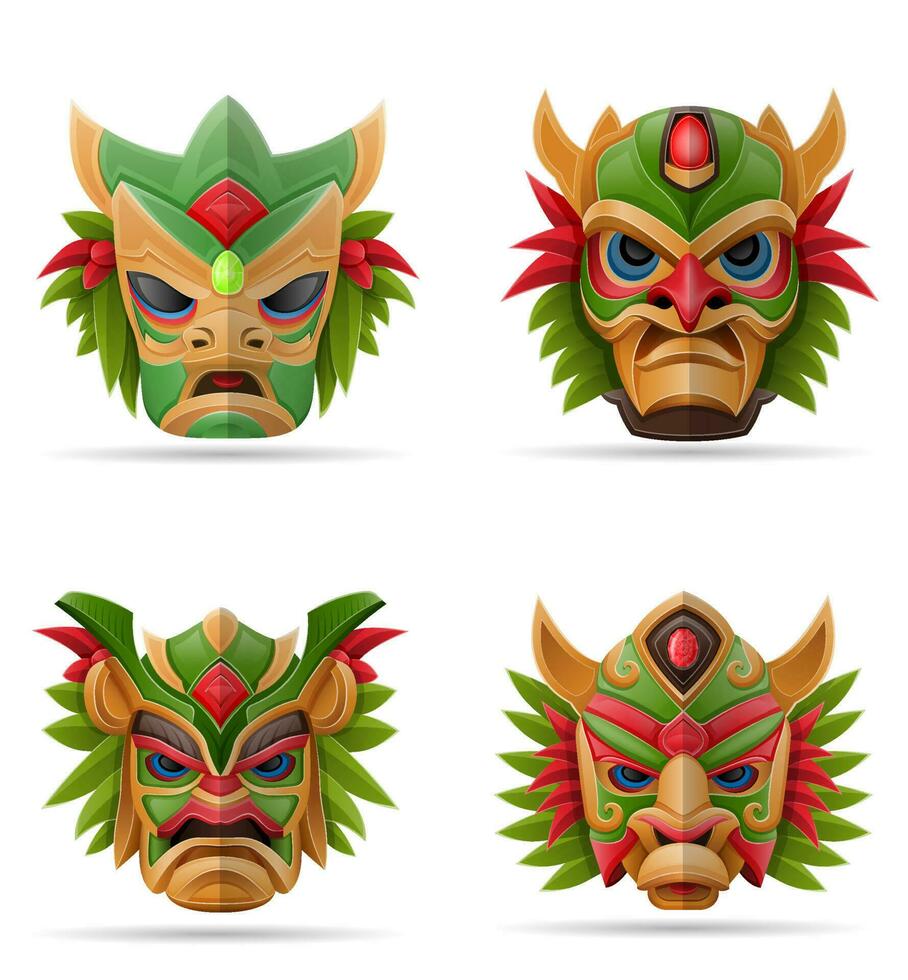 tiki mask hawaiian gammal tropisk totem huvud ansikte idol tillverkad av trä vektor illustration isolerat på vit bakgrund