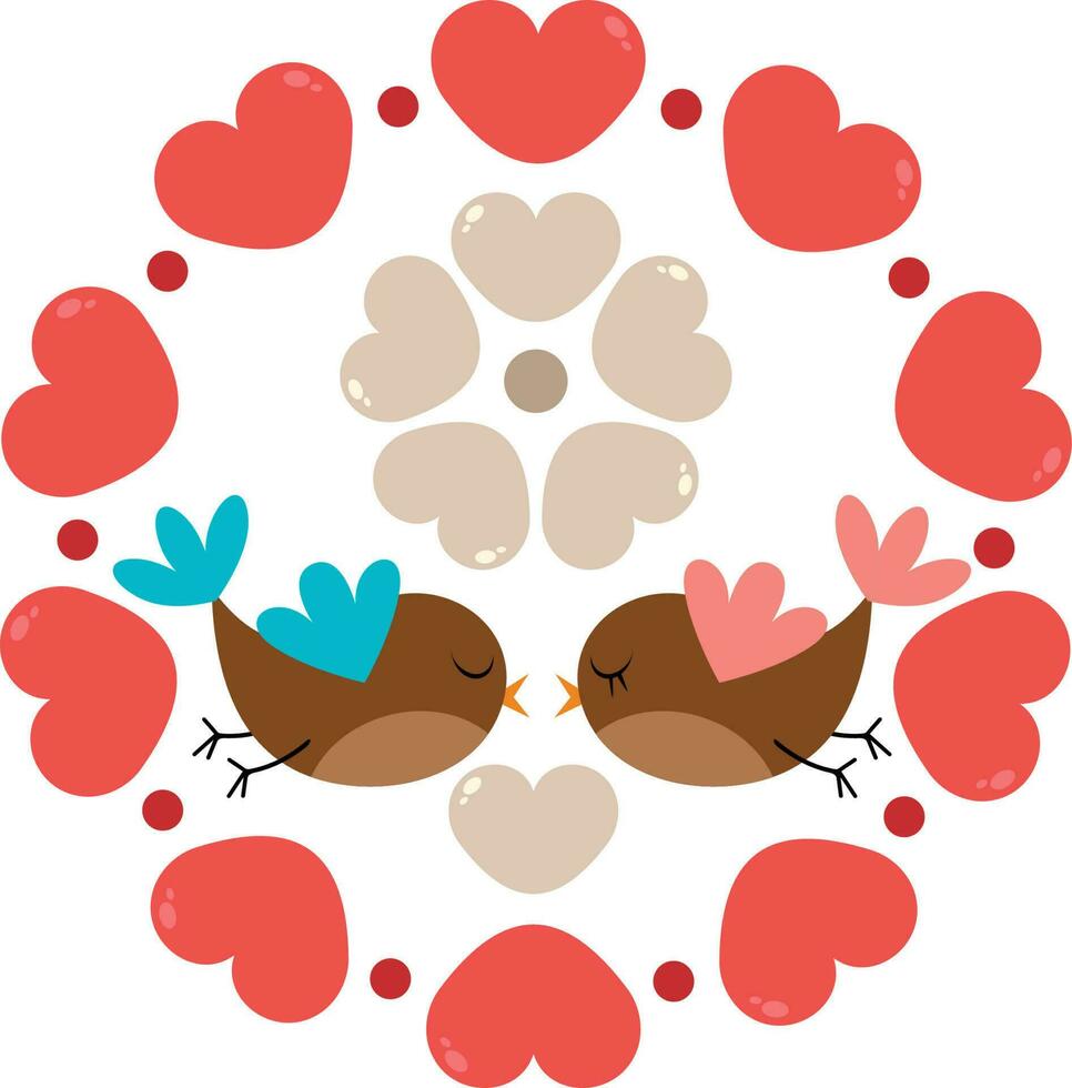 kärleksfull fåglar på runda ram med röd hjärtan vektor