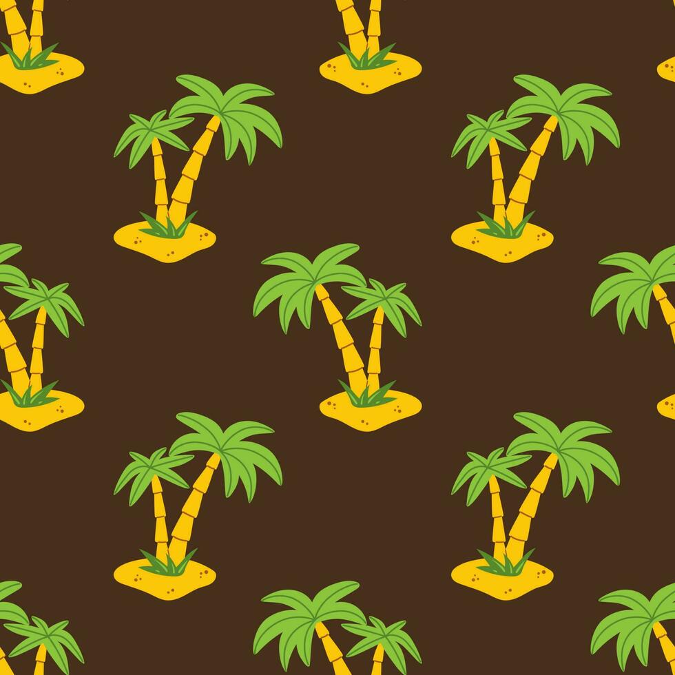 Vektor nahtlos Muster mit Palme Baum im eben Design. zwei Palme Bäume auf das Strand auf braun Hintergrund. Sommer- tropisch Muster mit Kokosnuss Baum. nahtlos dunkel Hintergrund mit exotisch Landschaft.