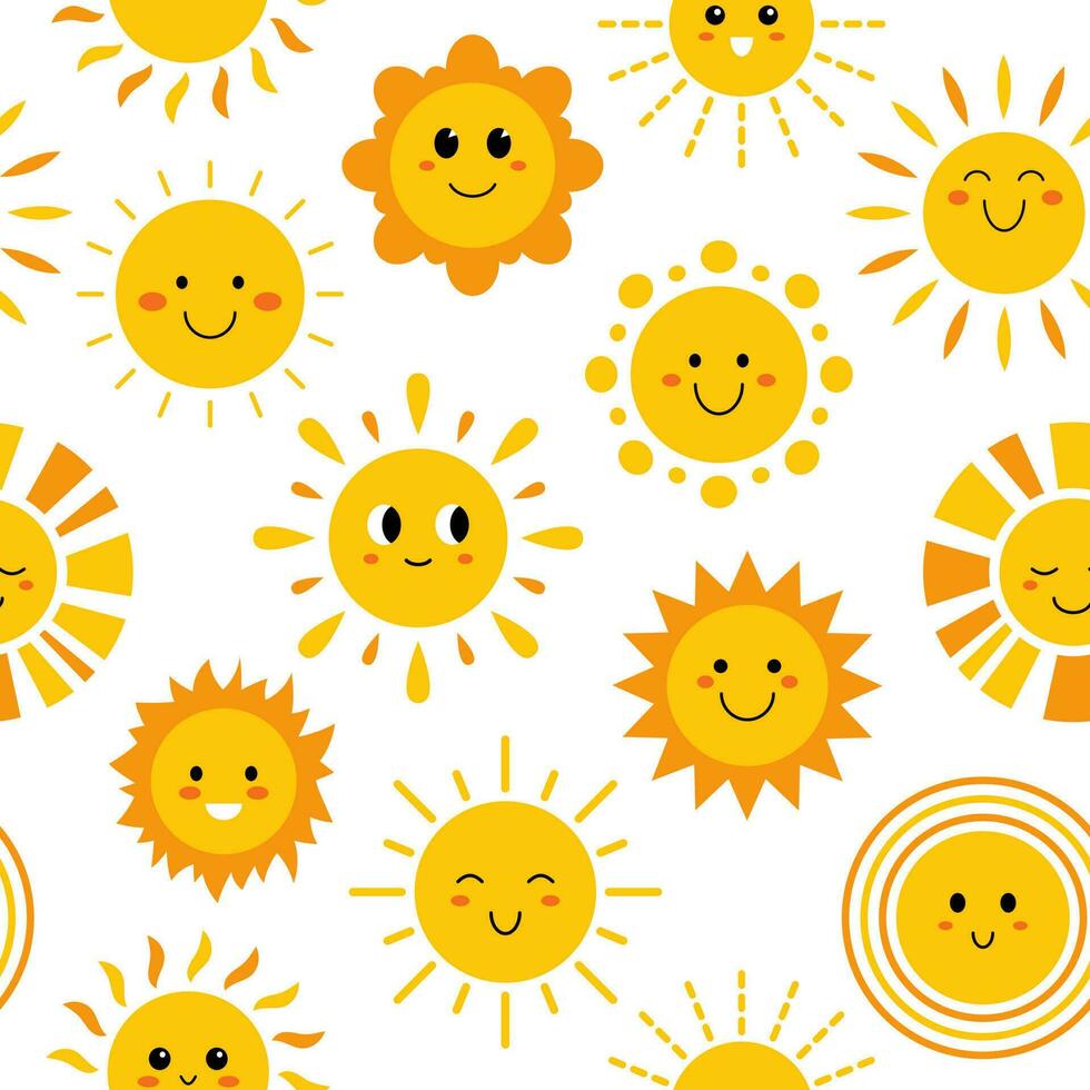 Vektor nahtlos Muster mit komisch Sonnen mit Gesichter. Muster mit süß Sommer- Sonnenschein auf Weiß Hintergrund. nahtlos drucken mit glücklich lächelnd Baby Sonnen.