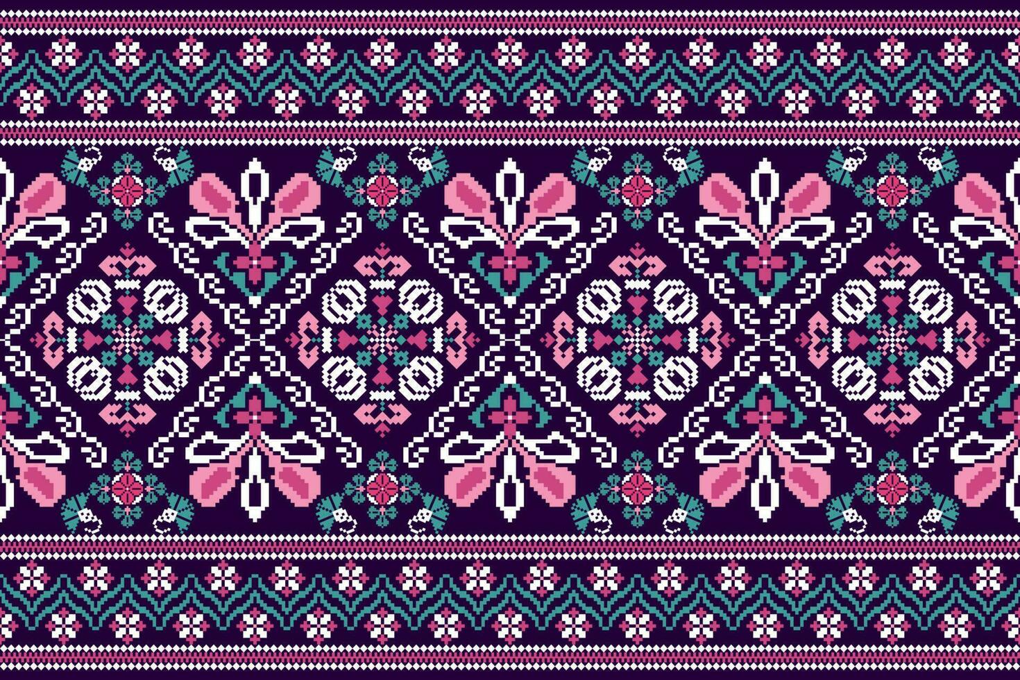 blommig korsa sy broderi på lila bakgrund.geometrisk etnisk orientalisk mönster traditionell.aztec stil abstrakt vektor illustration.design för textur, tyg, kläder, inslagning, dekoration, halsduk.