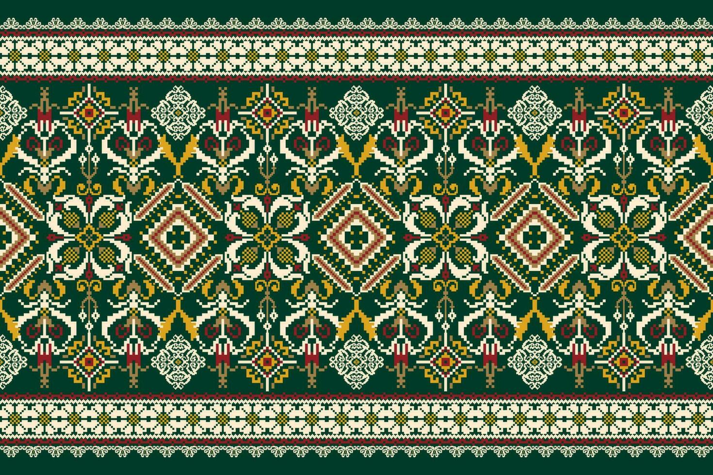 florale kreuzstichstickerei auf grünem hintergrund.geometrisches ethnisches orientalisches muster traditional.aztec art abstrakte vektorillustration.design für textur, stoff, kleidung, verpackung, dekoration, schal. vektor