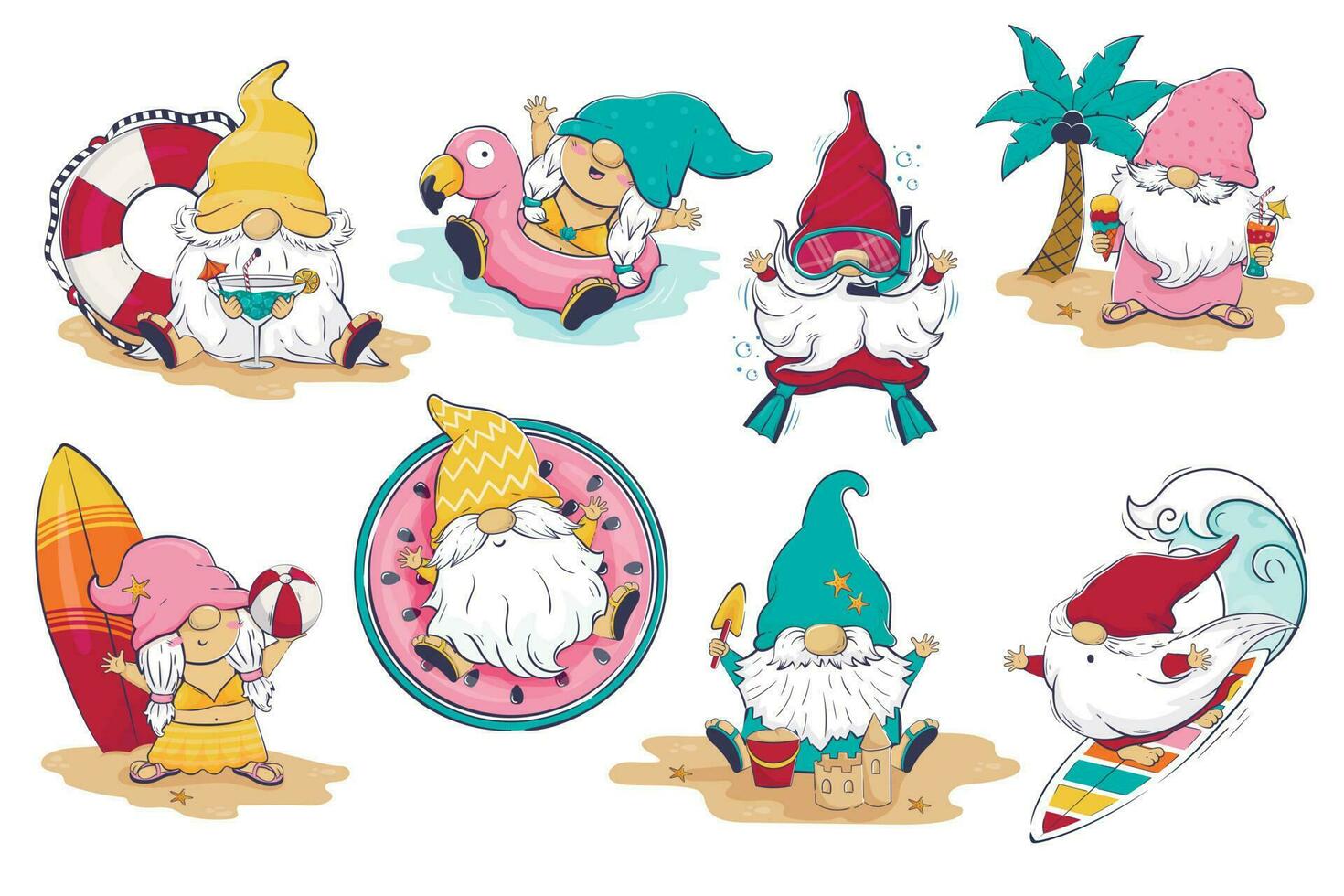 ClipArt bunt med tecknad serie nisser på de strand och i de slå samman. leprechauns spela boll, simma, dyka, surfa, dryck cocktails, bygga sand slott. vektor
