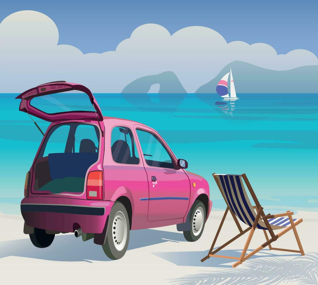 rosa bil på de strand för en sommar fest. vektor. vektor
