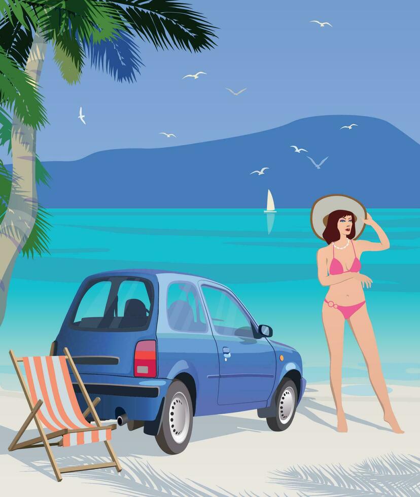 Sommer- Ferien durch Auto beim das Meer. Vektor. vektor