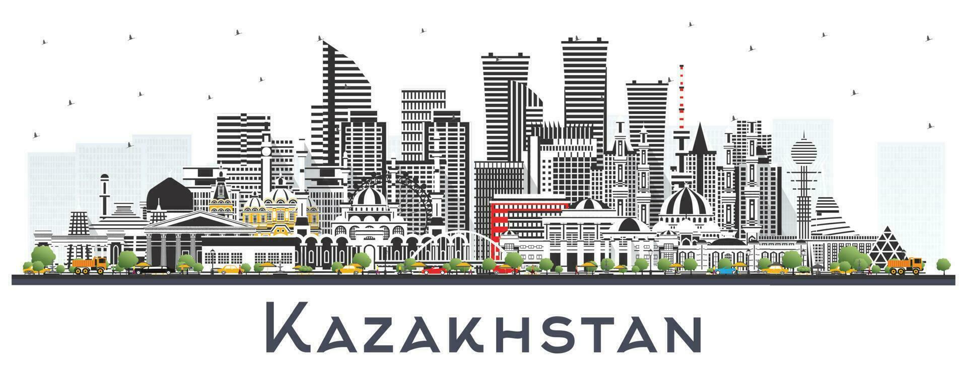 Kasachstan Stadt Horizont mit grau Gebäude isoliert auf Weiß. Konzept mit modern die Architektur. Kasachstan Stadtbild mit Sehenswürdigkeiten. vektor