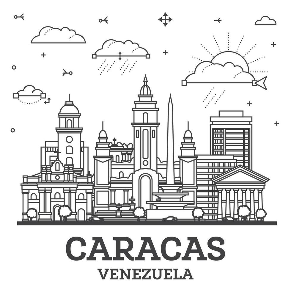 Gliederung Caracas Venezuela Stadt Horizont mit modern und historisch Gebäude isoliert auf Weiß. Caracas Stadtbild mit Sehenswürdigkeiten. vektor