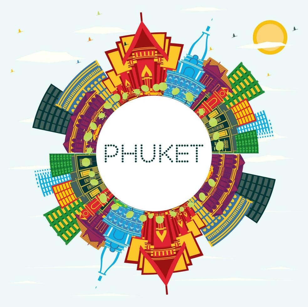 phuket thailand stad horisont med Färg byggnader, blå himmel och kopia Plats. phuket stadsbild med landmärken. vektor