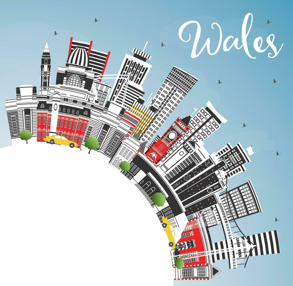 Wales Stadt Horizont mit grau Gebäude, Blau Himmel und Kopieren Raum. Konzept mit historisch die Architektur. Wales Stadtbild mit Sehenswürdigkeiten. vektor