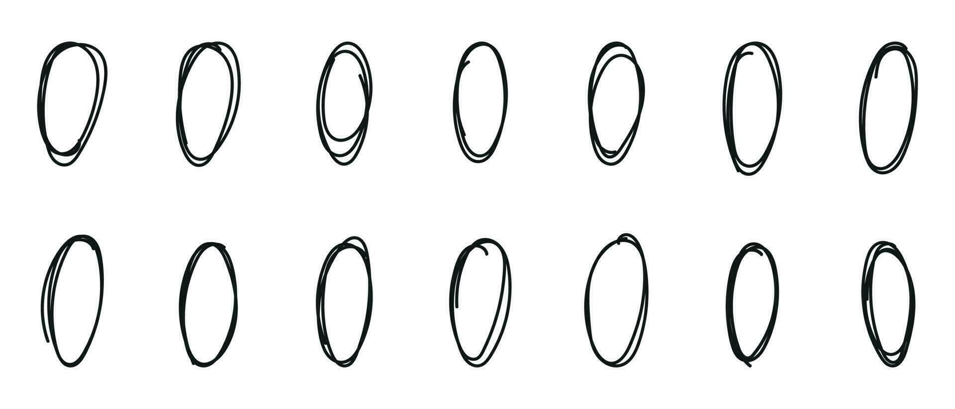hand dragen runda oval i klotter stil. penna linje stroke för highlighting text. element isolerat vektor illustration