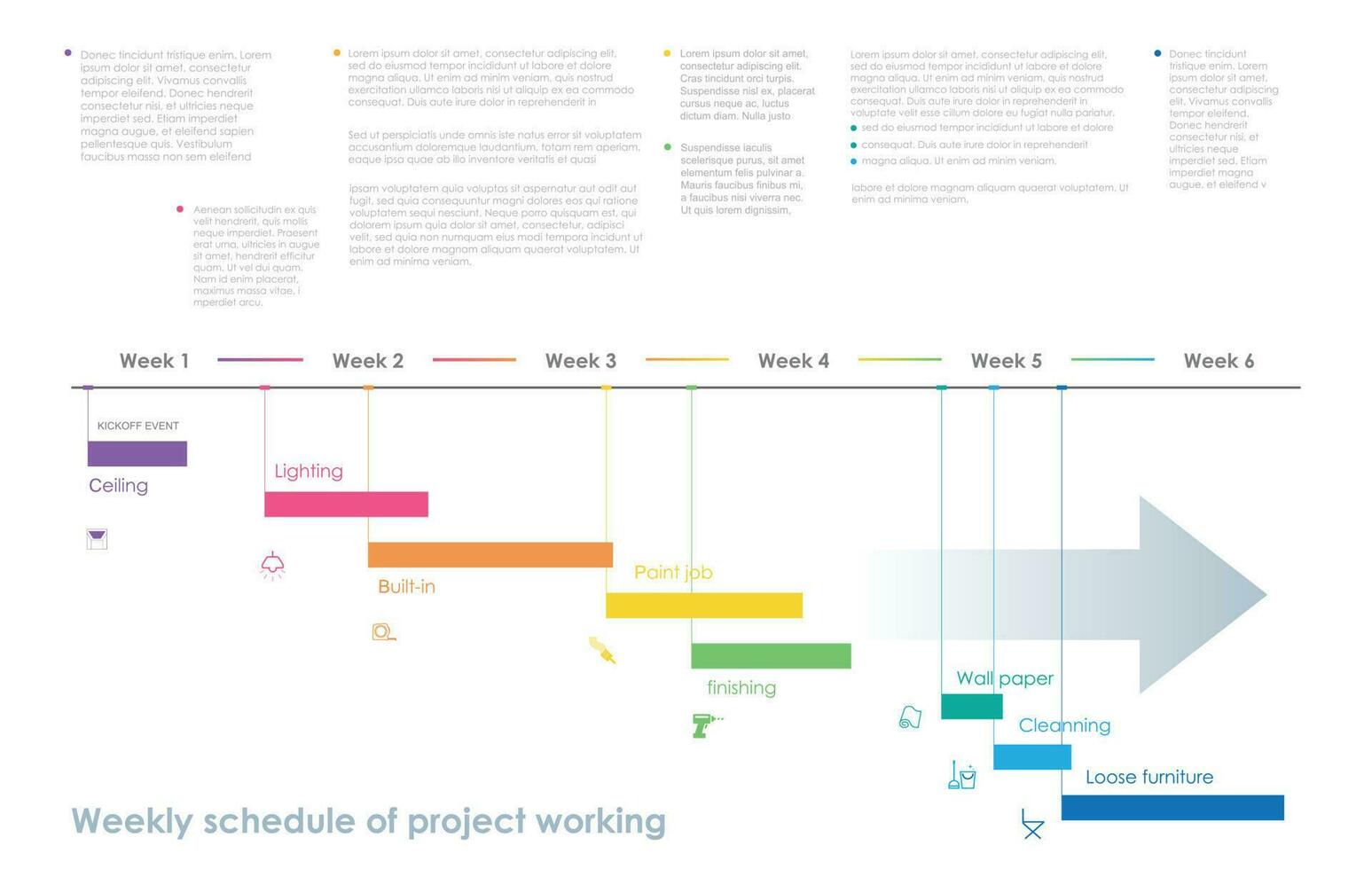 tidslinje varje vecka schema färdplan projekt diagram infographic mall för företag. 6 vecka 8 steg modern tidslinje schema diagram med presentation vektor tidslinje färdplan infografik.