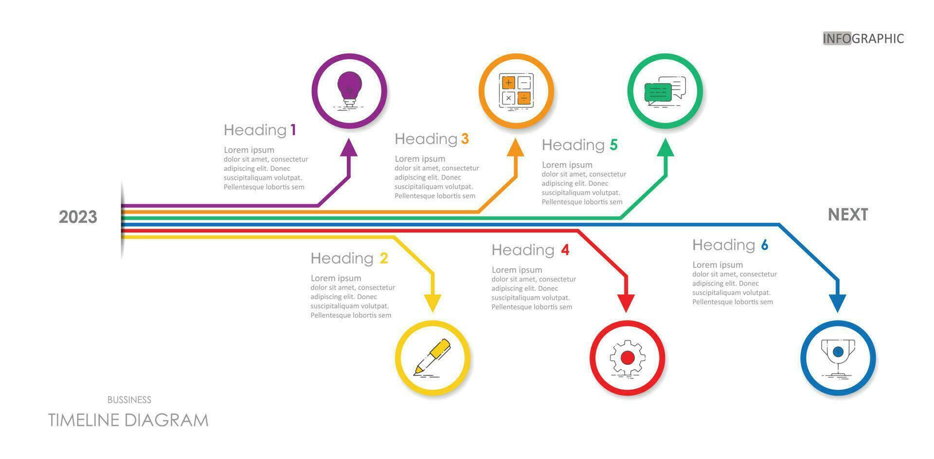 Geschäft Projekt Pfeil Zeitleiste Diagramm Infografik Roadmap Vorlage zum Geschäft. 6 Schritt modern Kreis Symbol Zeitleiste Diagramm Kalender mit Präsentation Vektor Pfeil Infografiken.