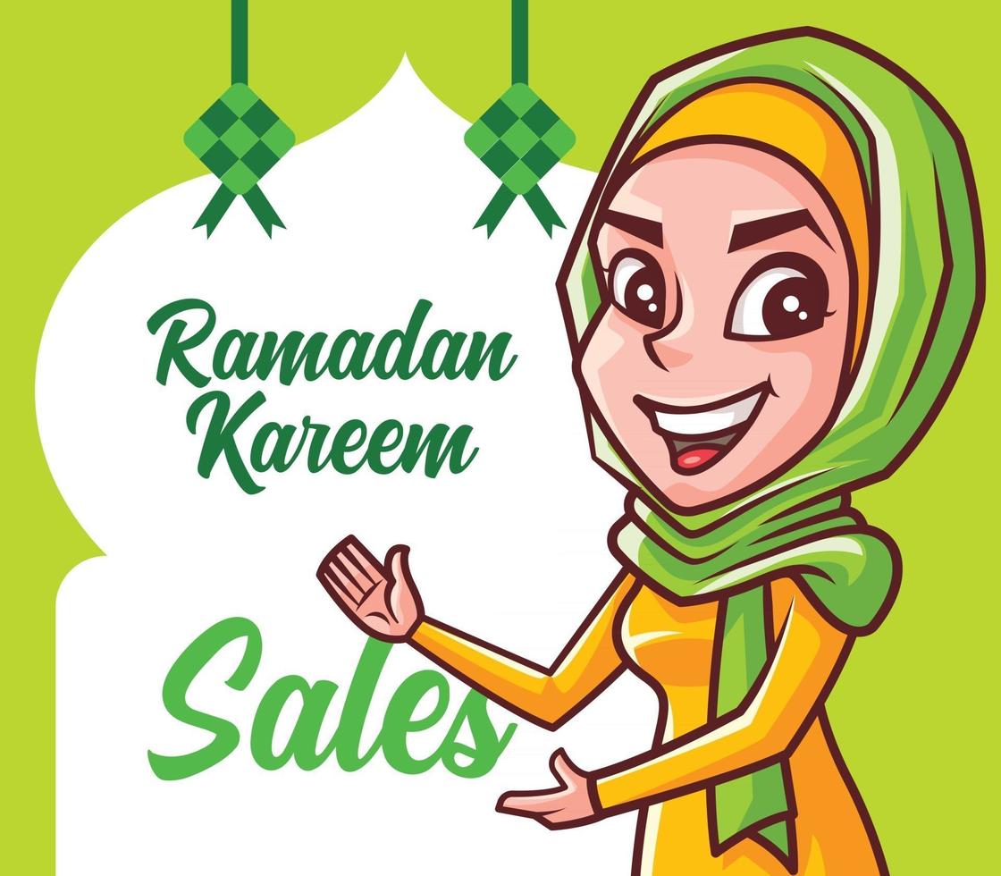 tecknad leende muslimsk kvinna som bär hijab som visar skylten för festivalförsäljning vektor