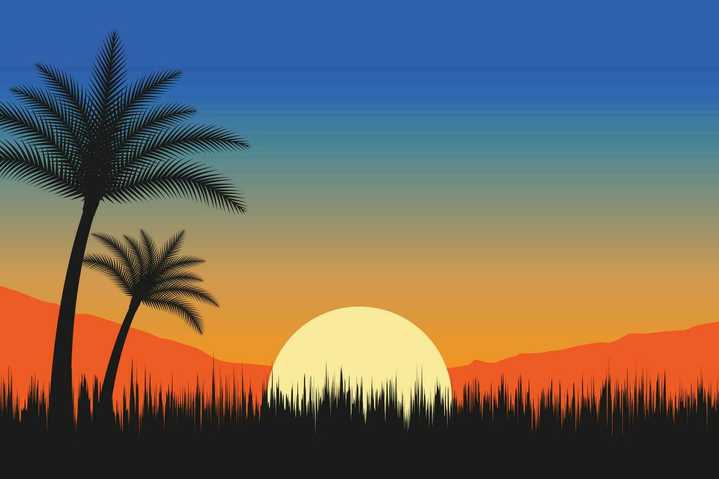 Sommer- Sonnenuntergang Strand Vektor Hintergrund, Sonnenuntergang Szene Landschaft Hintergrund, tropisch Strand Landschaft Illustration, Sonnenuntergang Strand mit Palme Bäume Vektor Hintergrund, Gradient Strand Landschaft Hintergrund