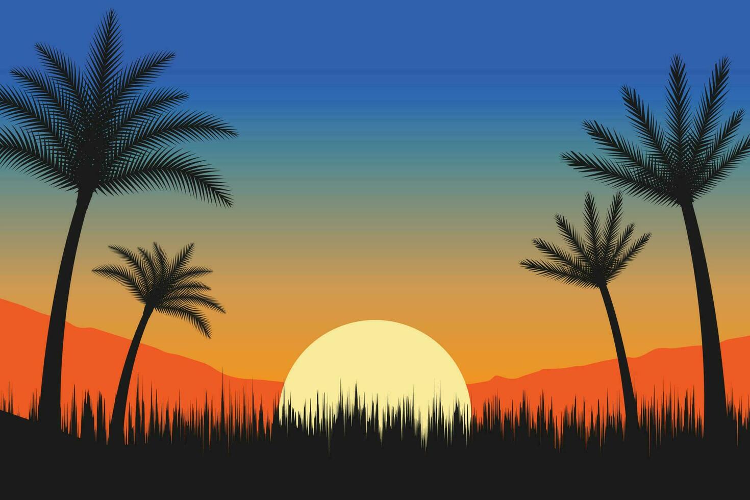 sommar solnedgång strand vektor bakgrund, solnedgång scen landskap bakgrund, tropisk strand landskap illustration, solnedgång strand med handflatan träd vektor bakgrund, lutning strand landskap bakgrund