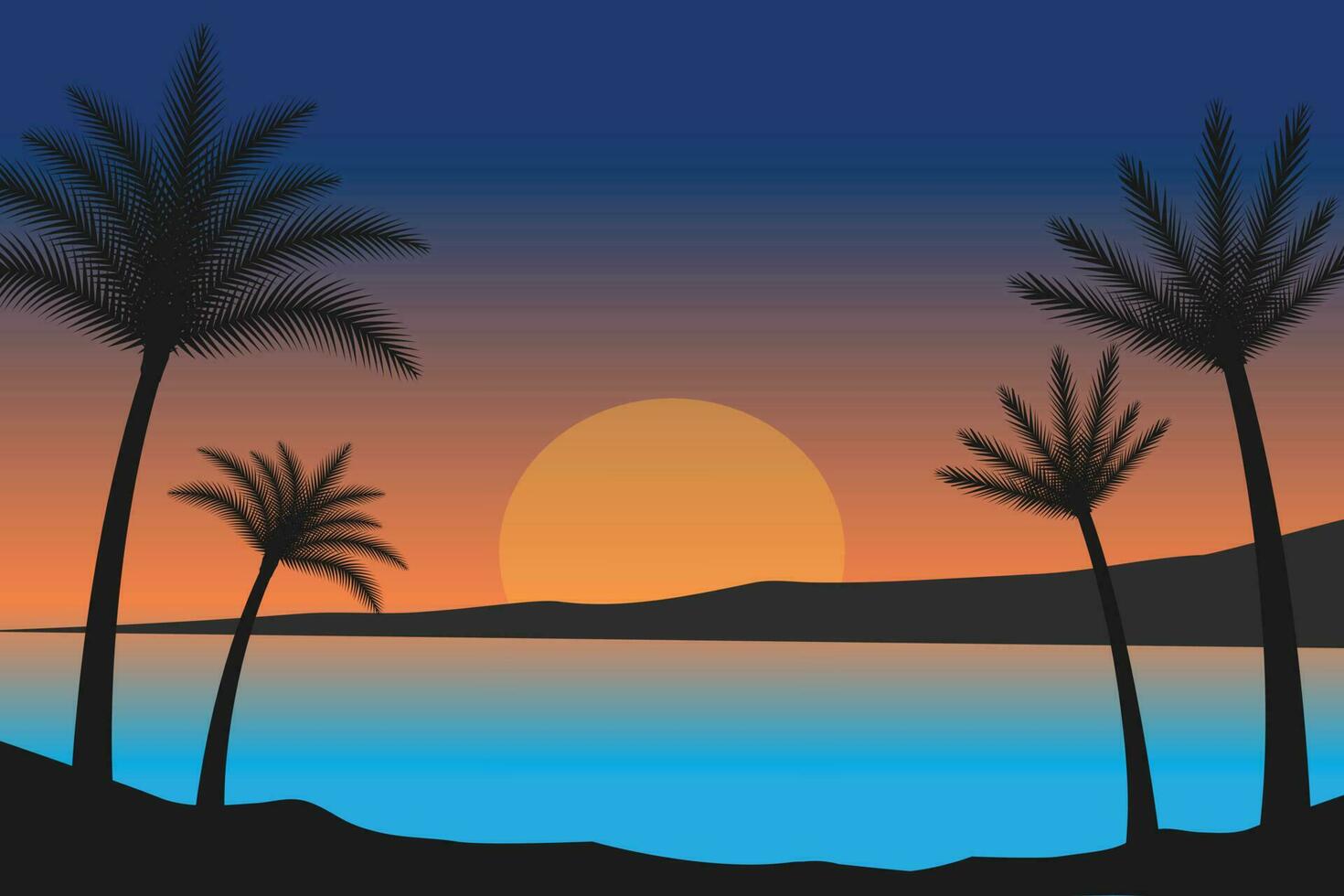 sommar solnedgång strand vektor bakgrund, solnedgång scen landskap bakgrund, tropisk strand landskap illustration, solnedgång strand med handflatan träd vektor bakgrund, lutning strand landskap bakgrund