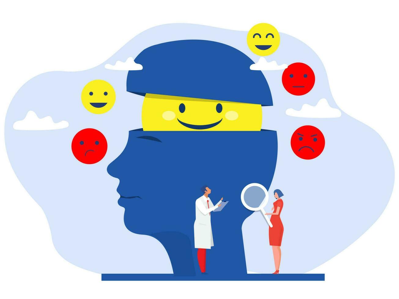 Arzt beurteilt Symptome Negativ und positiv Denken Reaktion auf Kopf Gehirn Konzept Vektor