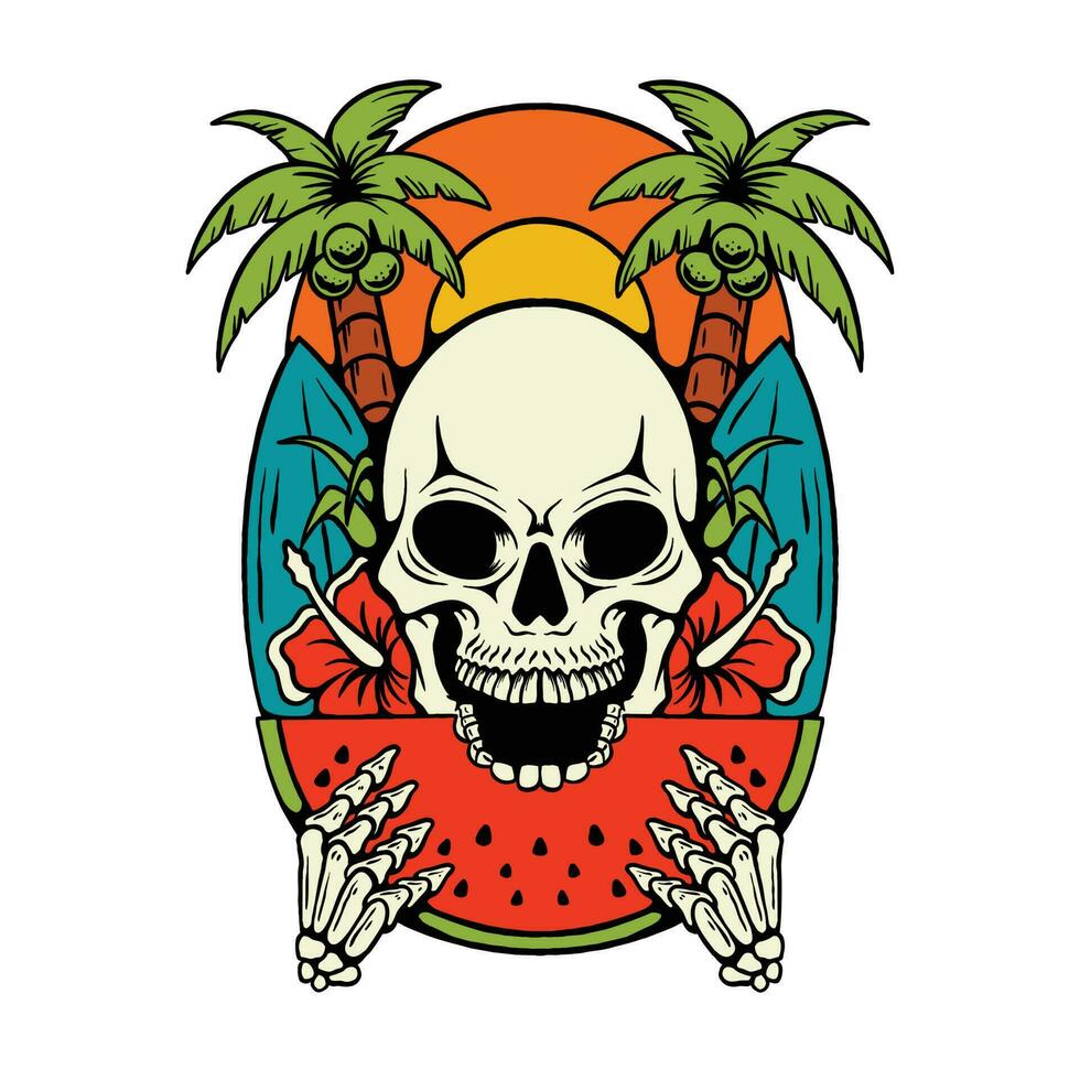 illustration av en skalle äter en vattenmelon med sommar strand vektor