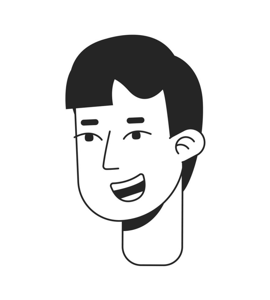 lätt gående ung man med avslappnad leende svartvit platt linjär karaktär huvud. positiv humör. redigerbar översikt hand dragen mänsklig ansikte ikon. 2d tecknad serie fläck vektor avatar illustration för animering