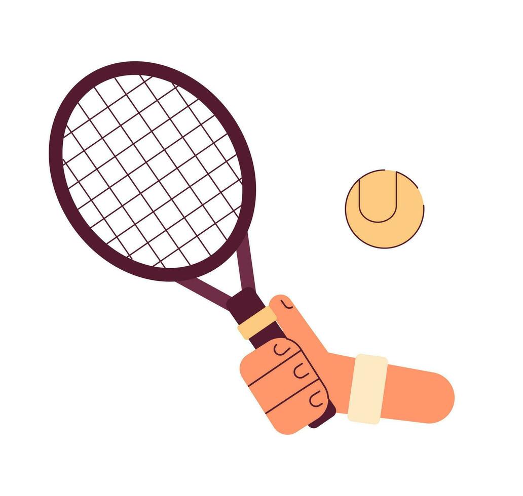 Hand mit Schläger Schlagen Tennis Ball halb eben bunt Vektor zuerst Aussicht Hand. Tennis Sport Ausrüstung. editierbar Nahansicht pov auf Weiß. einfach Karikatur Stelle Illustration zum Netz Grafik Design