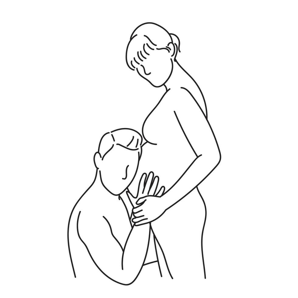 gravid kvinna med henne Make. vektor illustration. kontinuerlig linje konst vektor teckning.