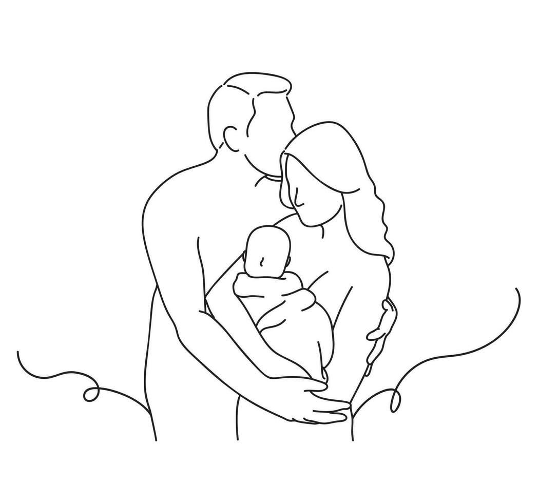 kontinuierlich einer Linie Zeichnung von ein Vater halten ein Neugeborene Baby auf ein Weiß Hintergrund. vektor