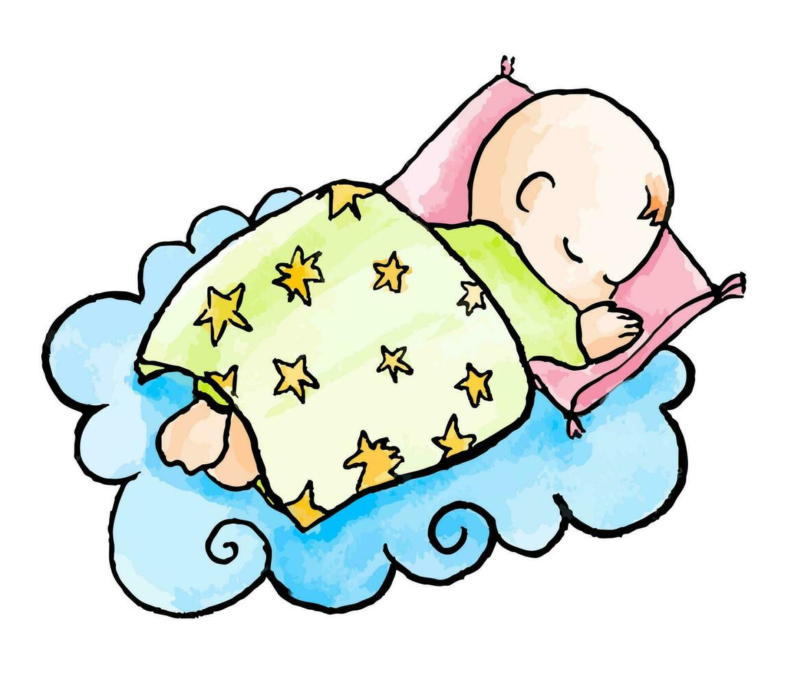hand dragen vattenfärg illustration av sömnig bebis. sömnig barn lägga på de moln i klotter stil. vektor