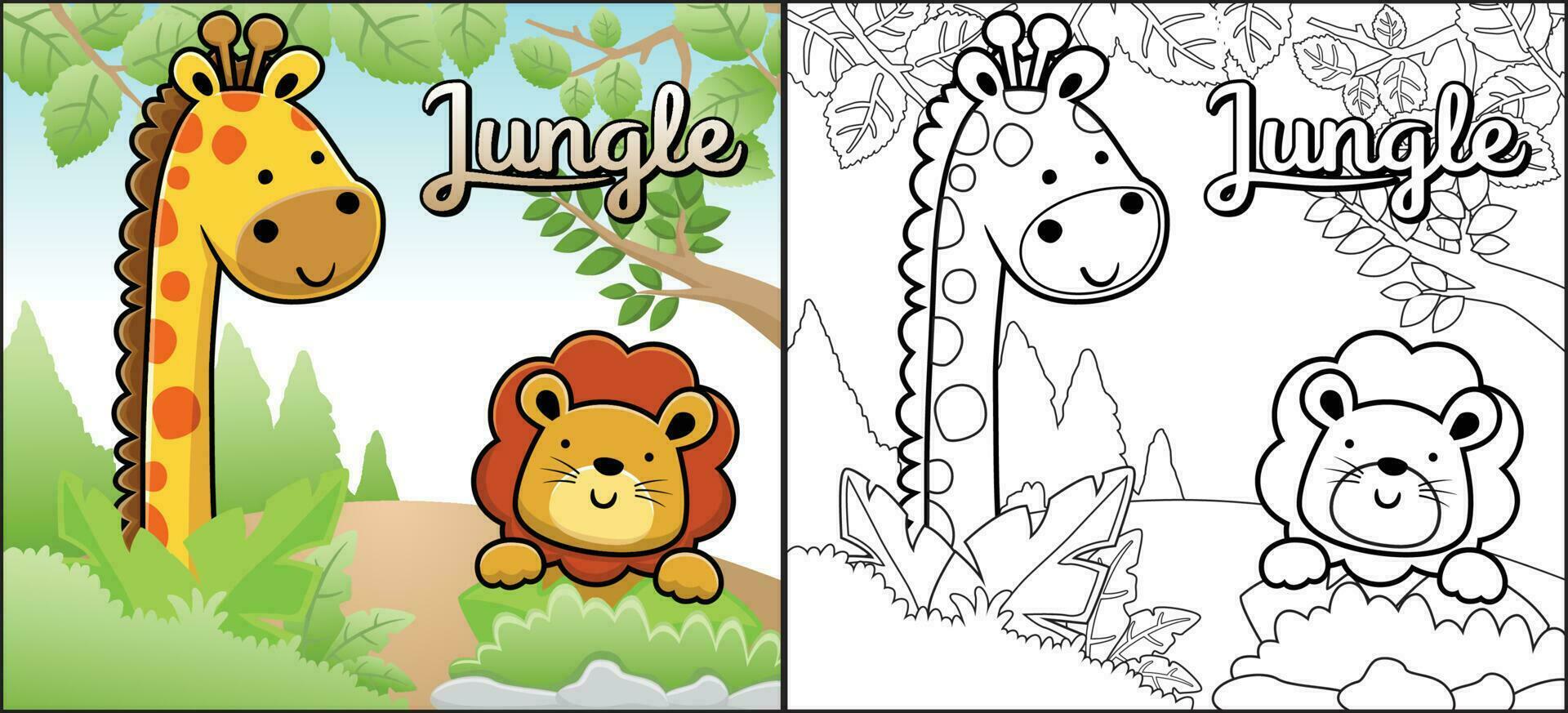färg bok eller sida av rolig djur tecknad serie. giraff med lejon i djungel vektor