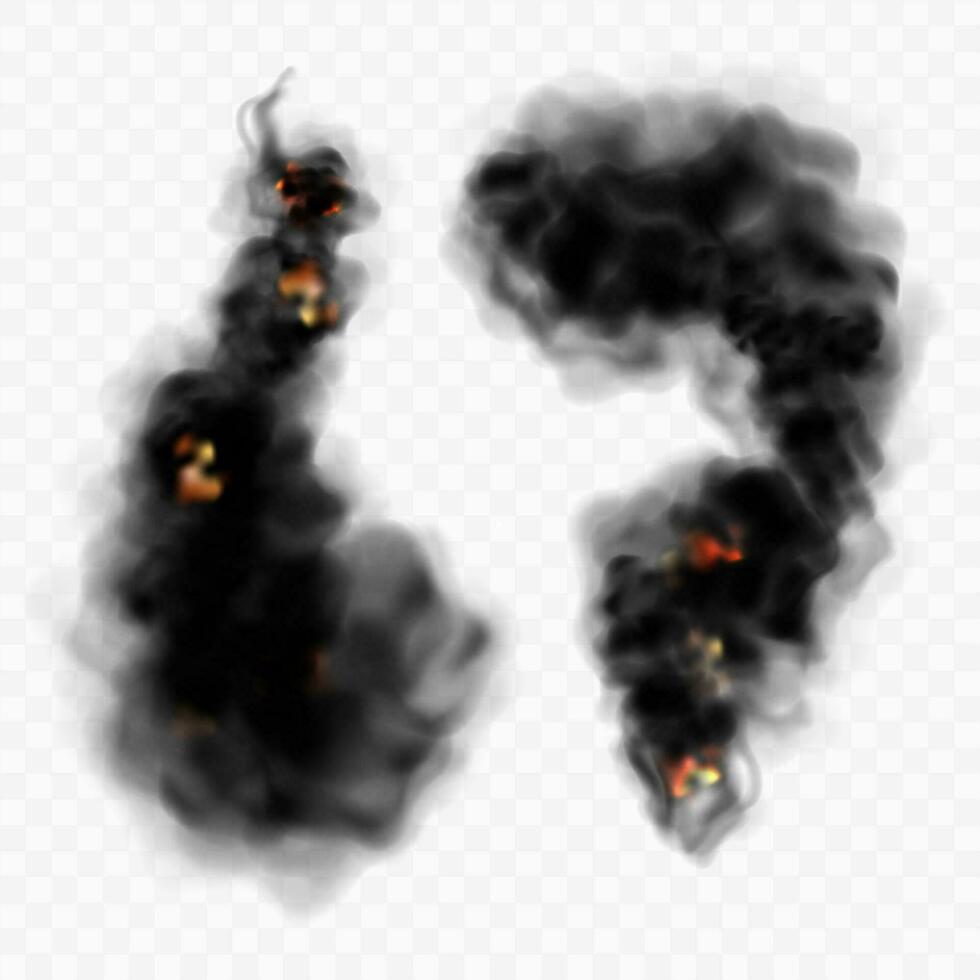 svart rök med brand, mörk dimmig moln eller ånga stigar. industriell smog, ånga, luft förorening, sot, isolerat på transparent bakgrund, realistisk 3d vektor illustration.