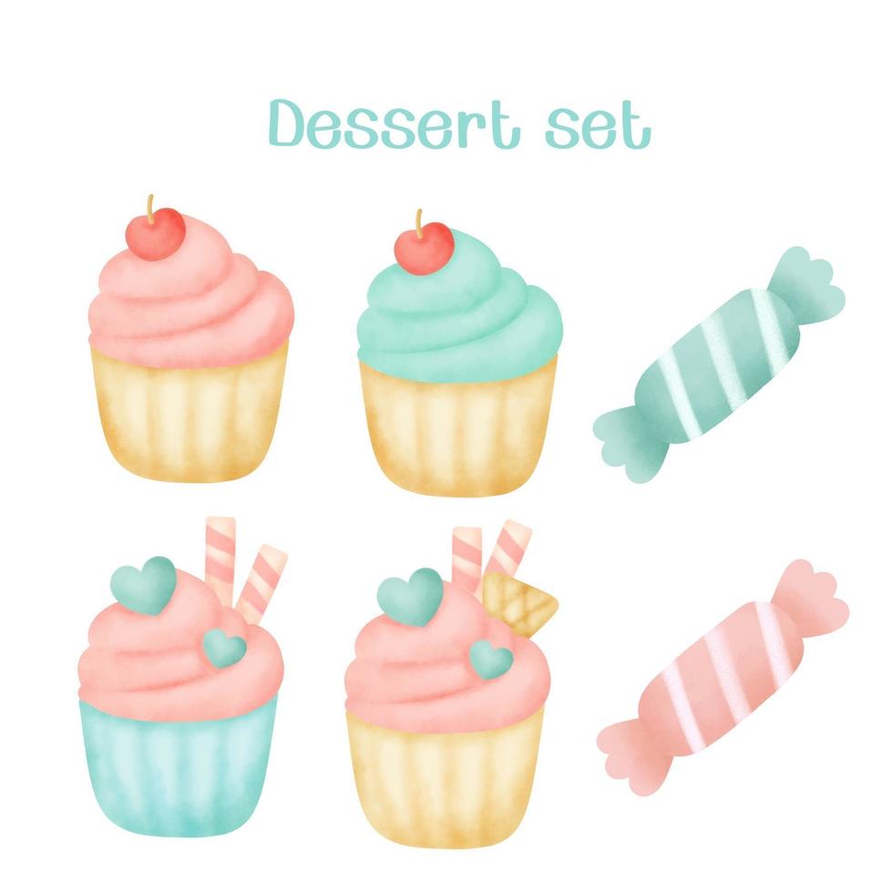 Aquarell handgezeichnetes Cupcake-Set vektor