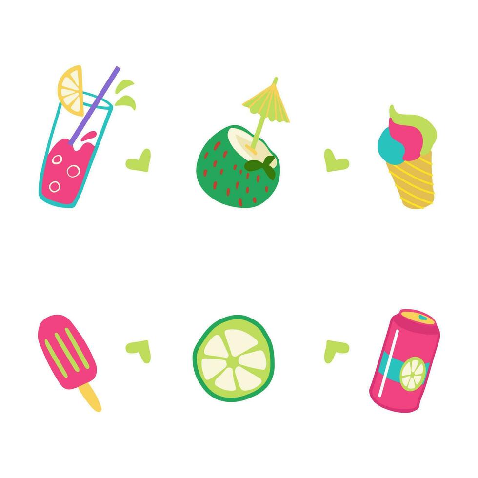 Hand gezeichnet Beschriftung mit Sommer- Cocktails, Früchte, Eis Cremes, Limonade Büchsen. süß und stilvoll Design zum Postkarte, Gruß Karte. Vektor Illustration im eben Stil