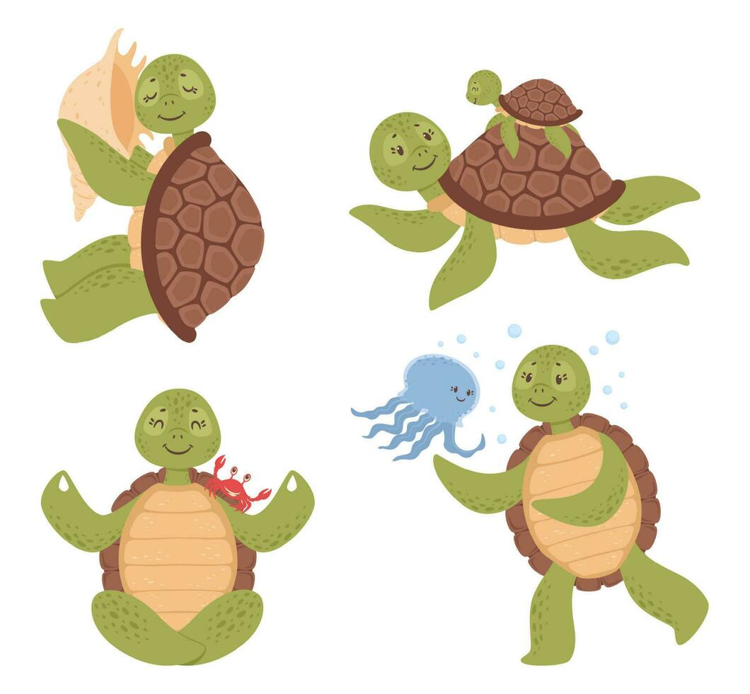 tecknad serie söt sköldpadda i annorlunda positioner. rolig karaktär lyssnande till snäckskal, håller på med yoga eller mediterar vektor