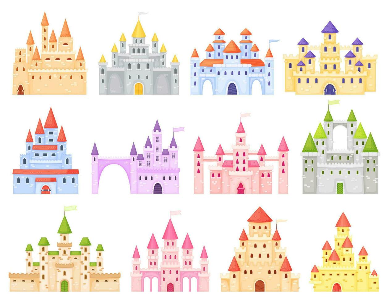 fantasi tecknad serie medeltida slott. fe- berättelse kunglig rike med torn. gammal dröm byggnad för kung och drottning vektor