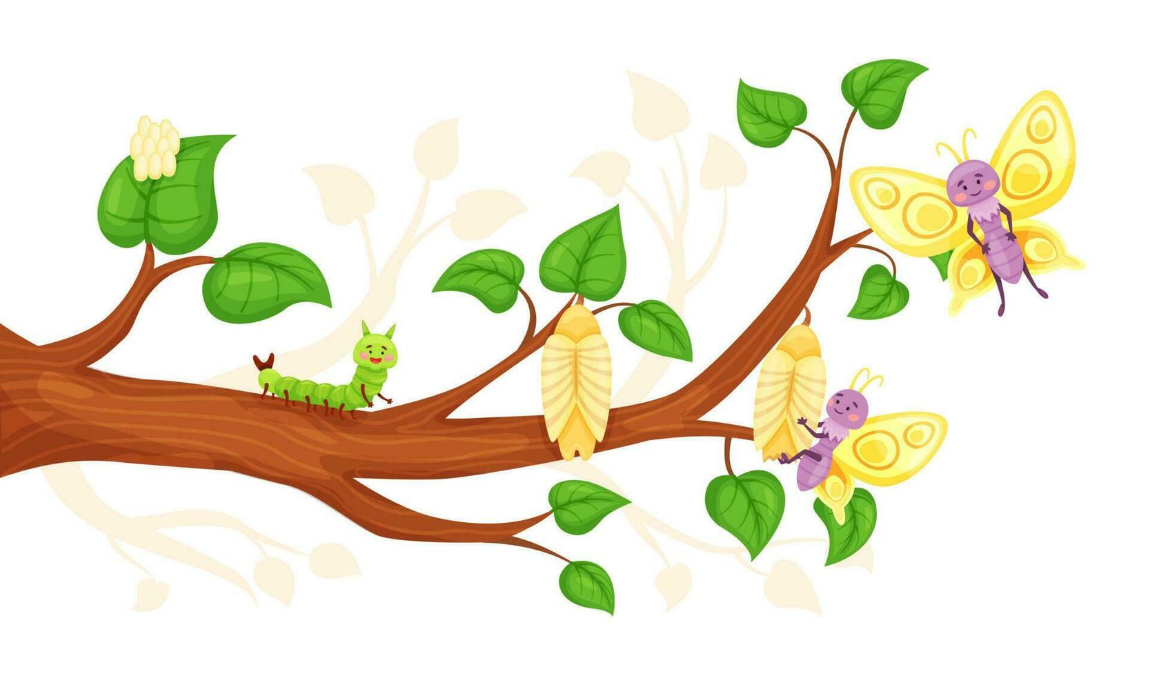 Karikatur Schmetterling Leben Zyklus, Ei, Larve, Puppe, Insekten Entwicklung. Insekt Metamorphose von Raupe zu Schmetterlinge Vektor Illustration