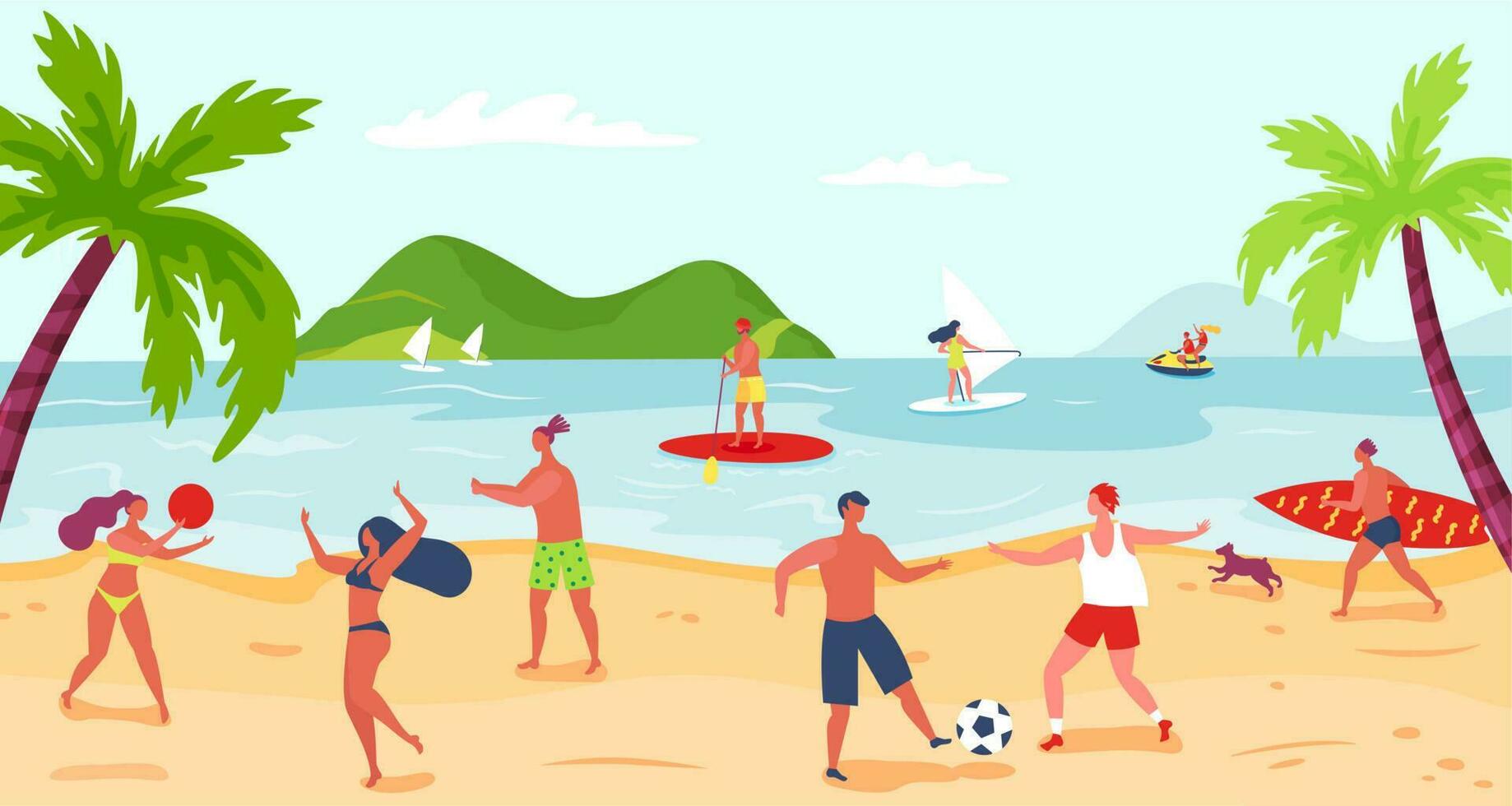 strand aktivitet människor sport spel, aktiviteter nära hav vektor
